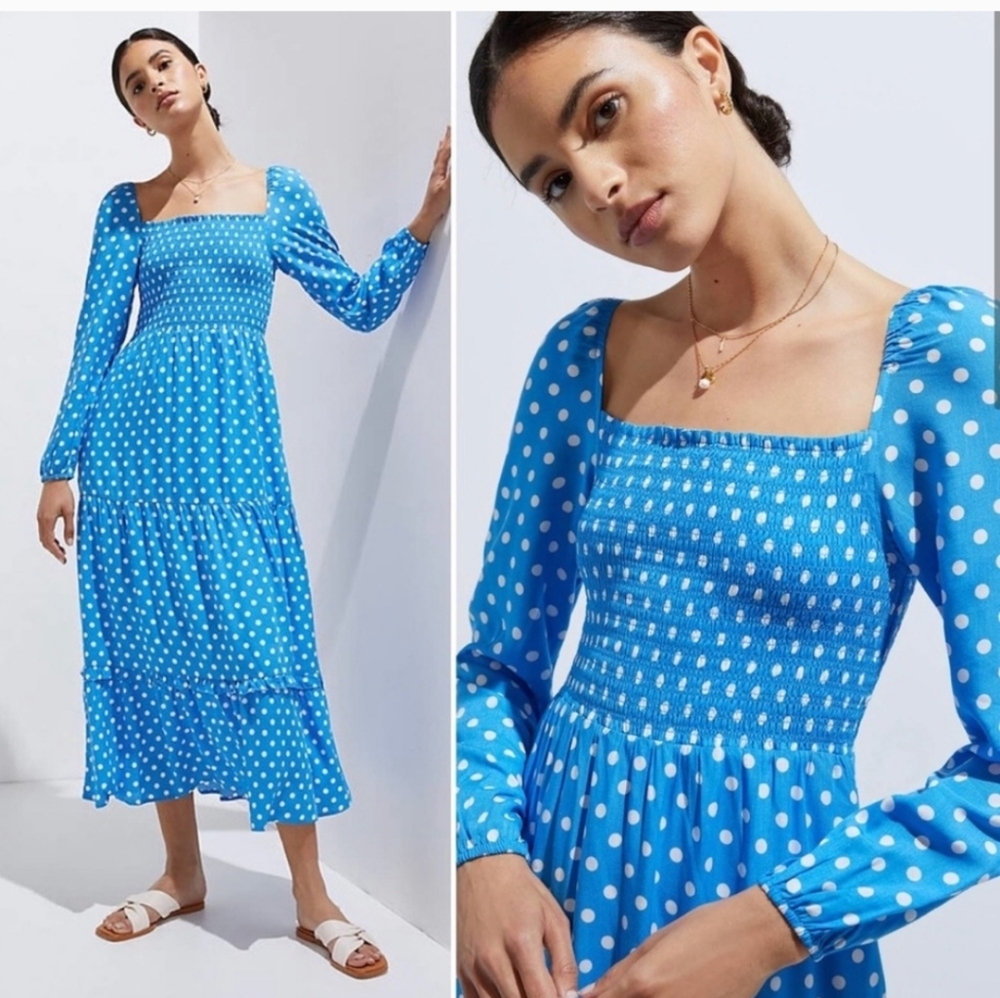 Anthropologie Dolan Laney Smocked Polka Dot
Midi Casual Dress Blue size XS